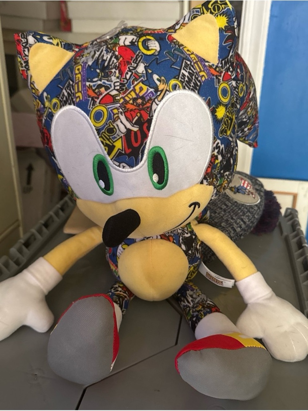 Multicolor Plush Sonic the Hedgehog Toy with Yellow & Blue Comic Accents